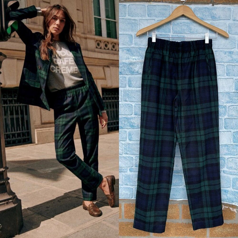 Sezane Ross Trousers Green Navy Check with Elastic Waist size 34/4